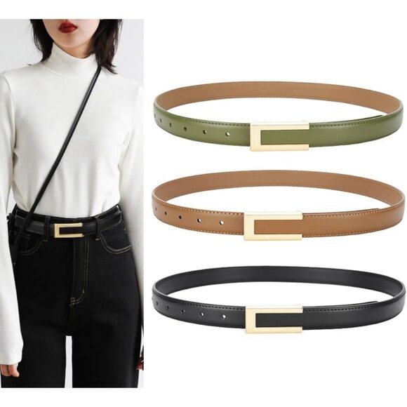 Women Belt Leather Skinny 33-41 in Gold Buckle for Jeans Pants Dresses - Picture 2 of 4